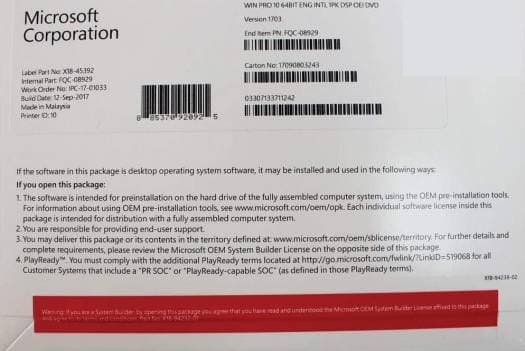 Microsoft FQC-08929 Windows 10 Pro - 64 bit Operating System | FQC-08929U3 - FQC-08929U5